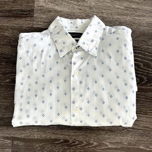 Massimo Dutti 100% Cotton White Button-Up Shirt Blue Embroidered Dot Men's Small
